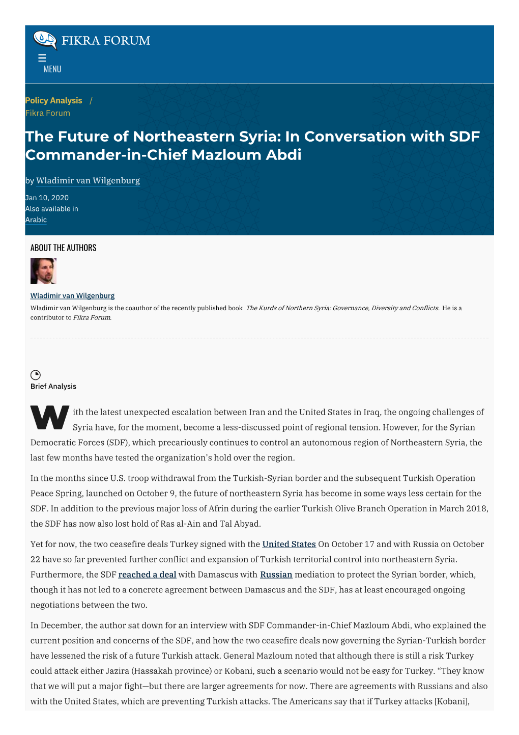 The Future of Northeastern Syria: in Conversation with SDF Commander-In-Chief Mazloum Abdi | the Washington Institute