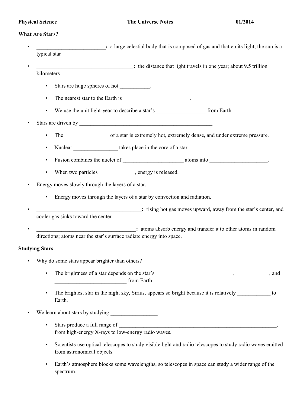 Physical Science the Universe Notes 01/2014