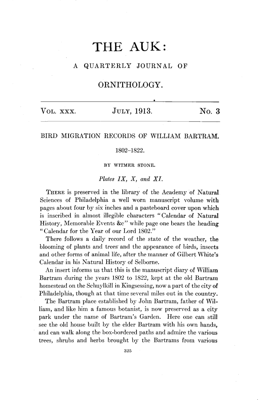 Bird Migration Records of William Bartram. 1802-1822