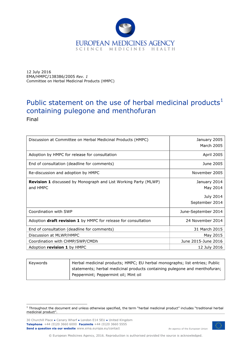 Public Statement on the Use of Herbal Medicinal Products1 Containing Pulegone and Menthofuran Final