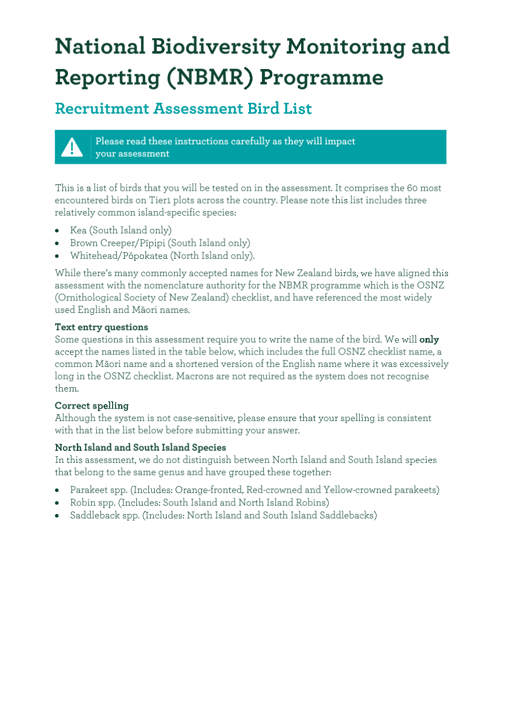 Recruitment Assessment Bird List