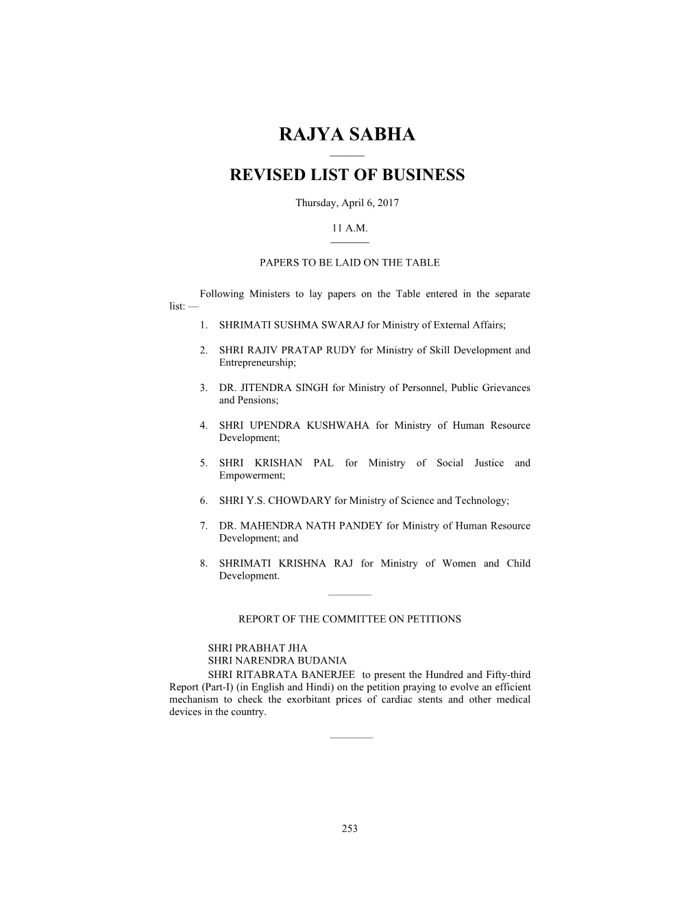 Rajya Sabha —— Revised List of Business