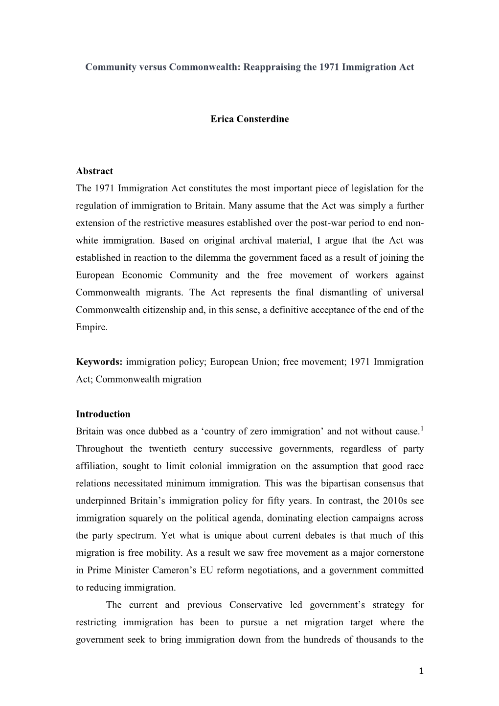 1 Community Versus Commonwealth: Reappraising the 1971 Immigration