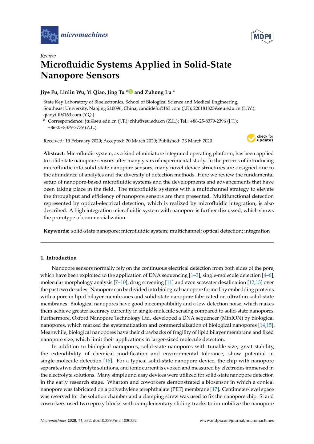 Microfluidic Systems Applied in Solid-State Nanopore Sensors