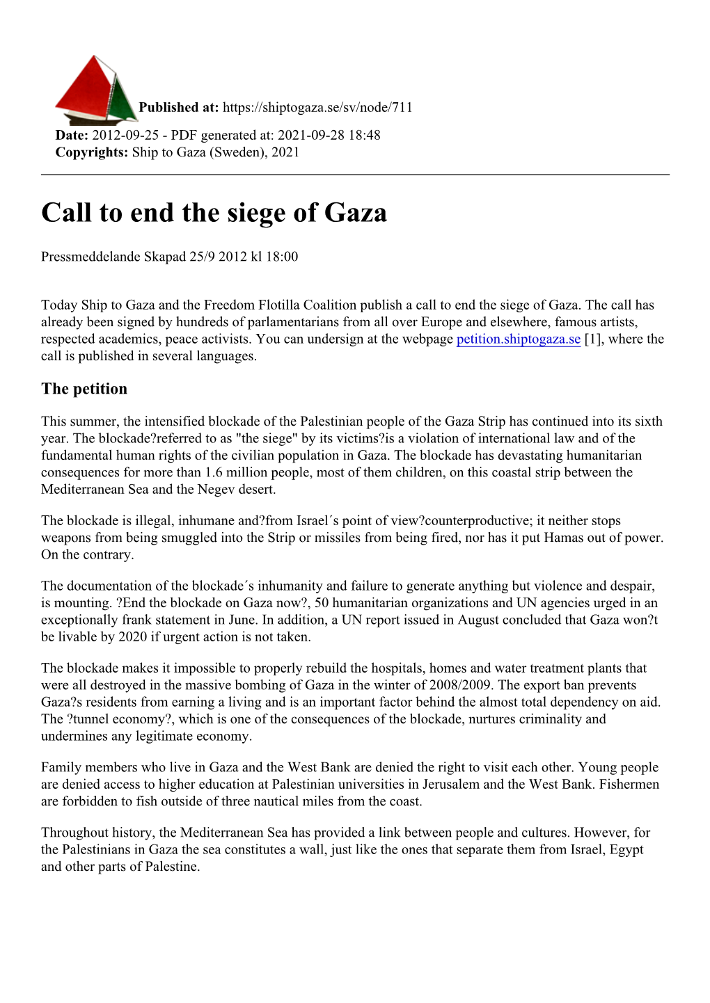 Call to End the Siege of Gaza