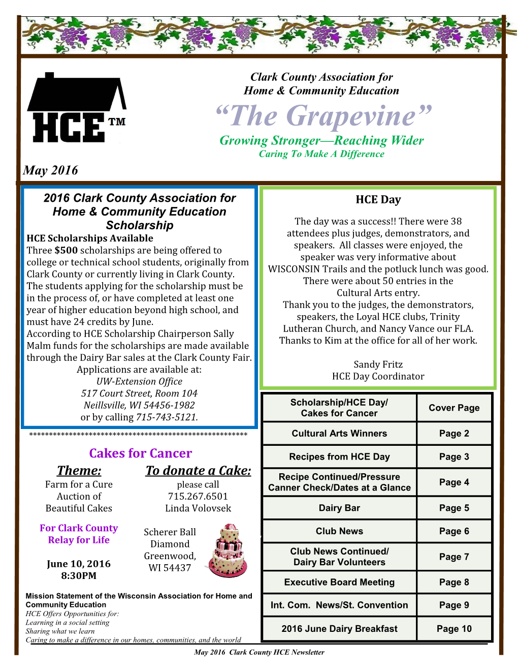 “The Grapevine” Growing Stronger—Reaching Wider Caring to Make a Difference May 2016