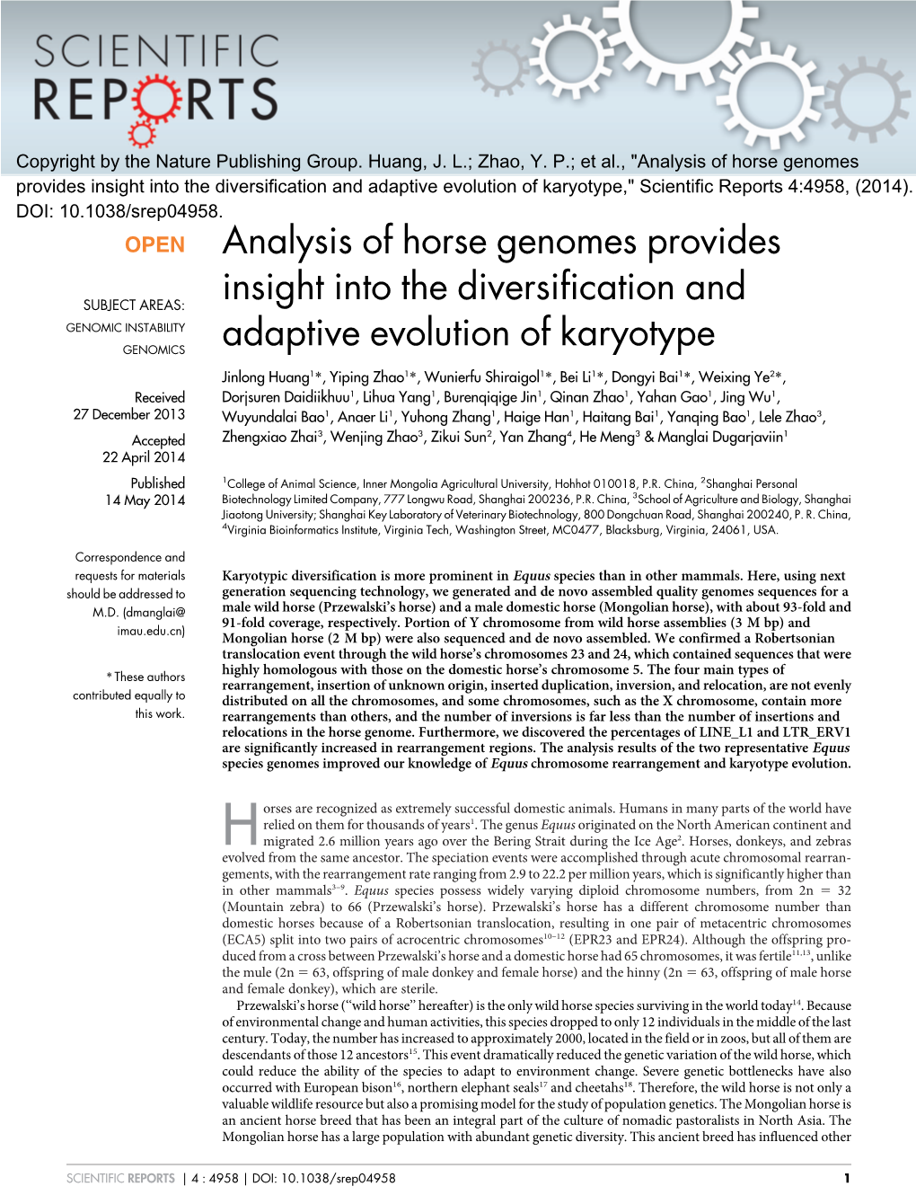 Analysis of Horse Genomes Provides Insight Into the Diversification and Adaptive Evolution of Karyotype