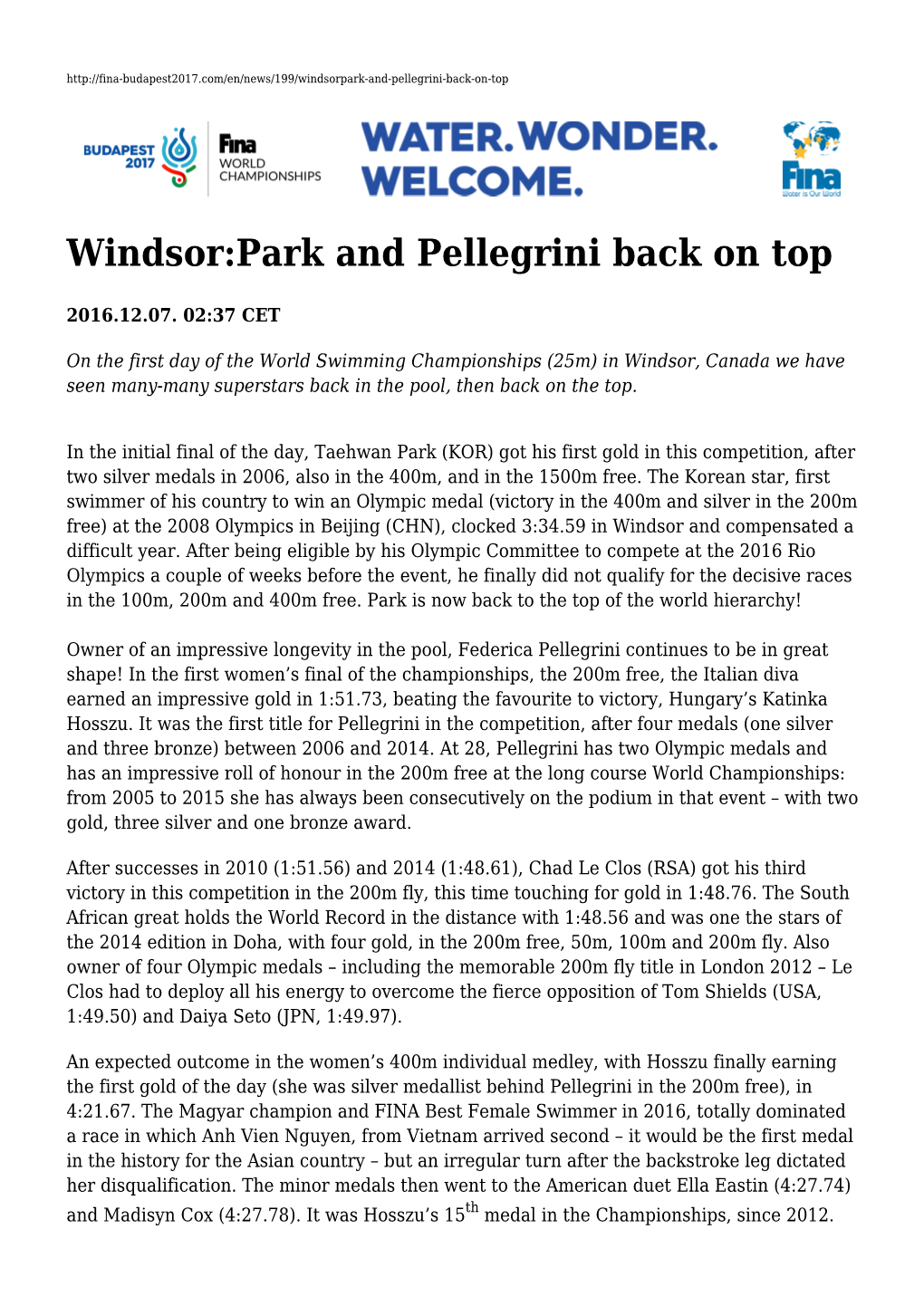 Windsor:Park and Pellegrini Back on Top