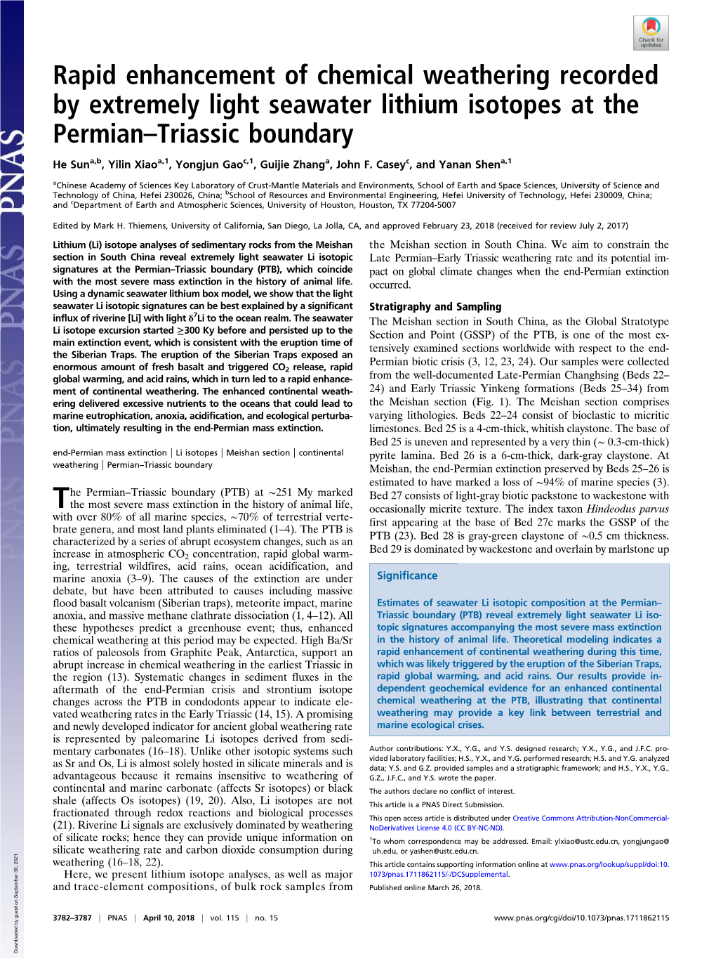 Rapid Enhancement of Chemical Weathering Recorded by Extremely Light Seawater Lithium Isotopes at the Permian–Triassic Boundary