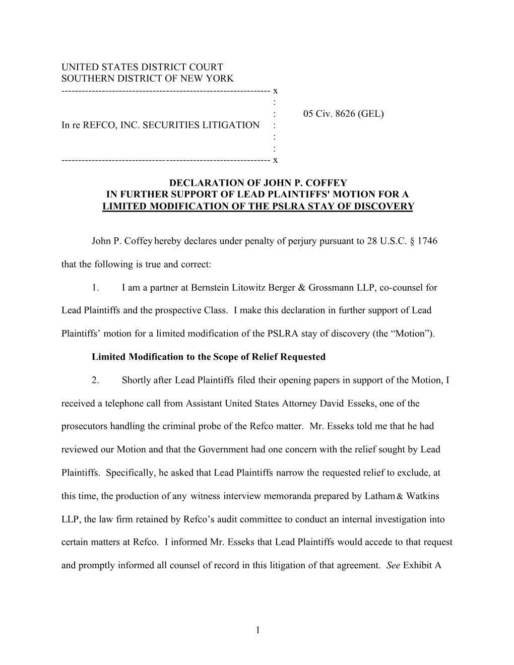 Refco, Inc. Securities Litigation 05-CV-8626-Declaration of John P. Coffey in Further Support of Lead Plaintiffs'