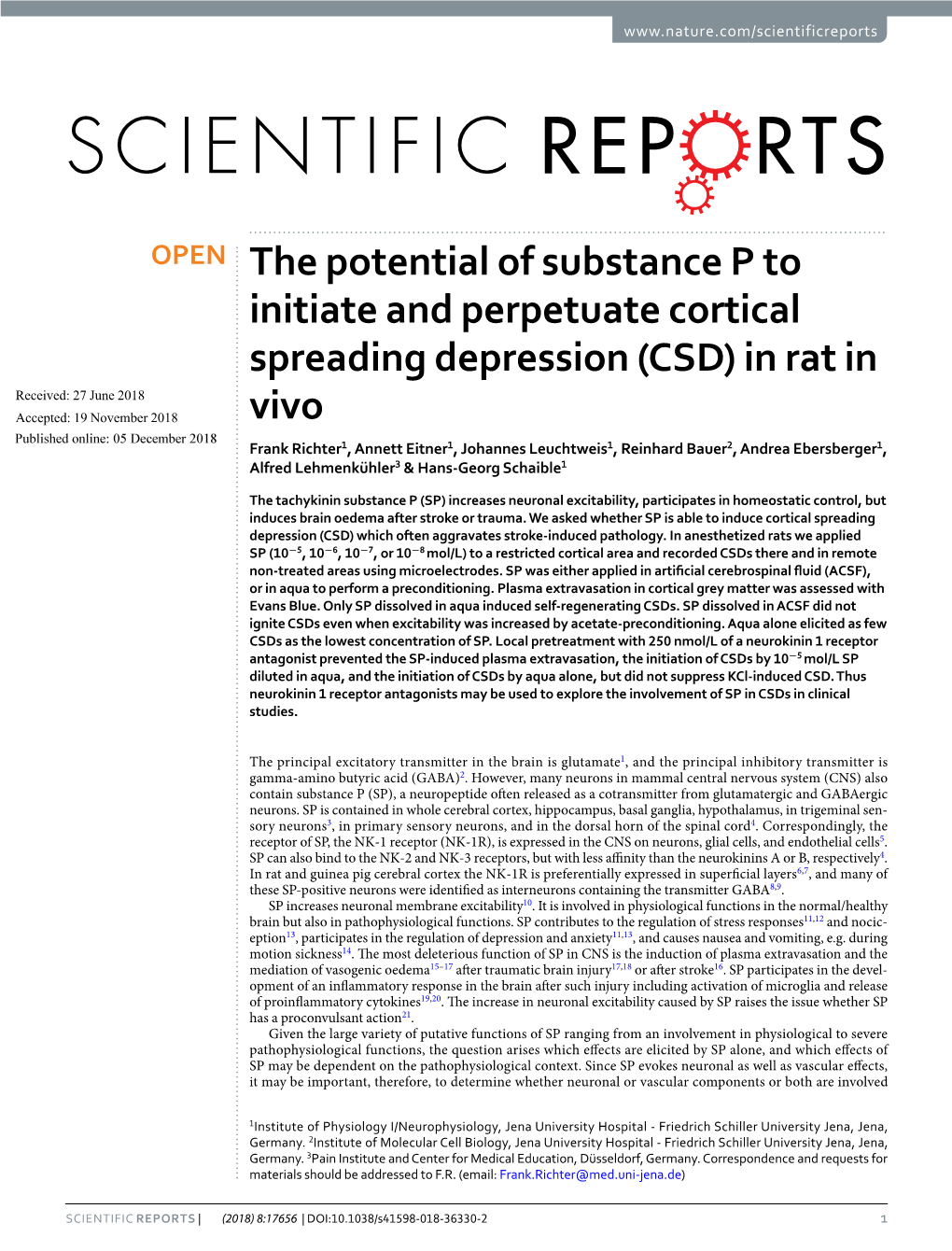 The Potential of Substance P to Initiate and Perpetuate Cortical Spreading