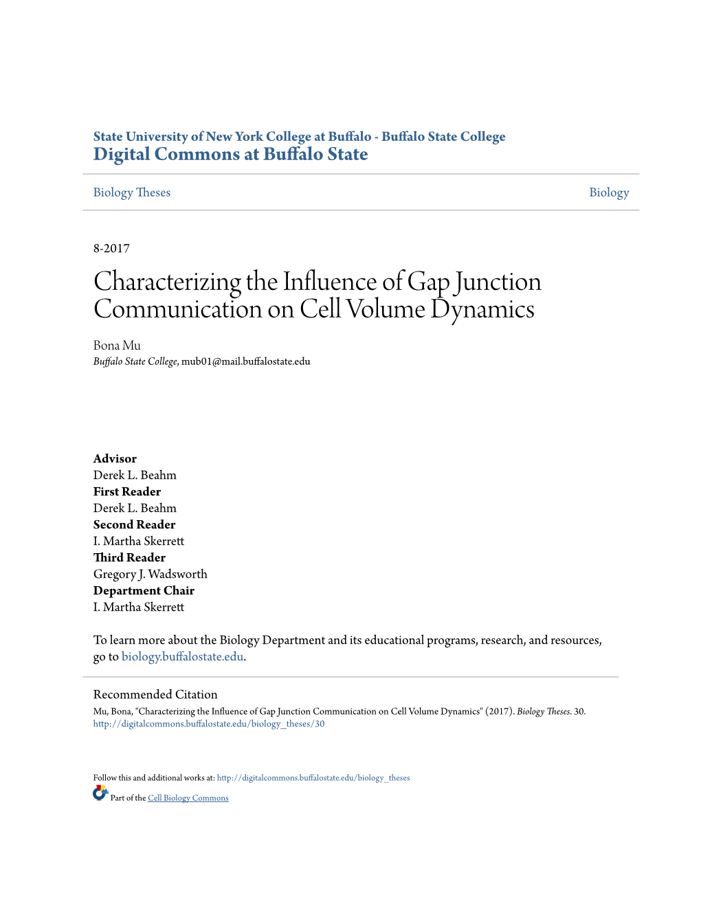 Characterizing the Influence of Gap Junction Communication on Cell Volume Dynamics Bona Mu Buffalo State College, Mub01@Mail.Buffalostate.Edu