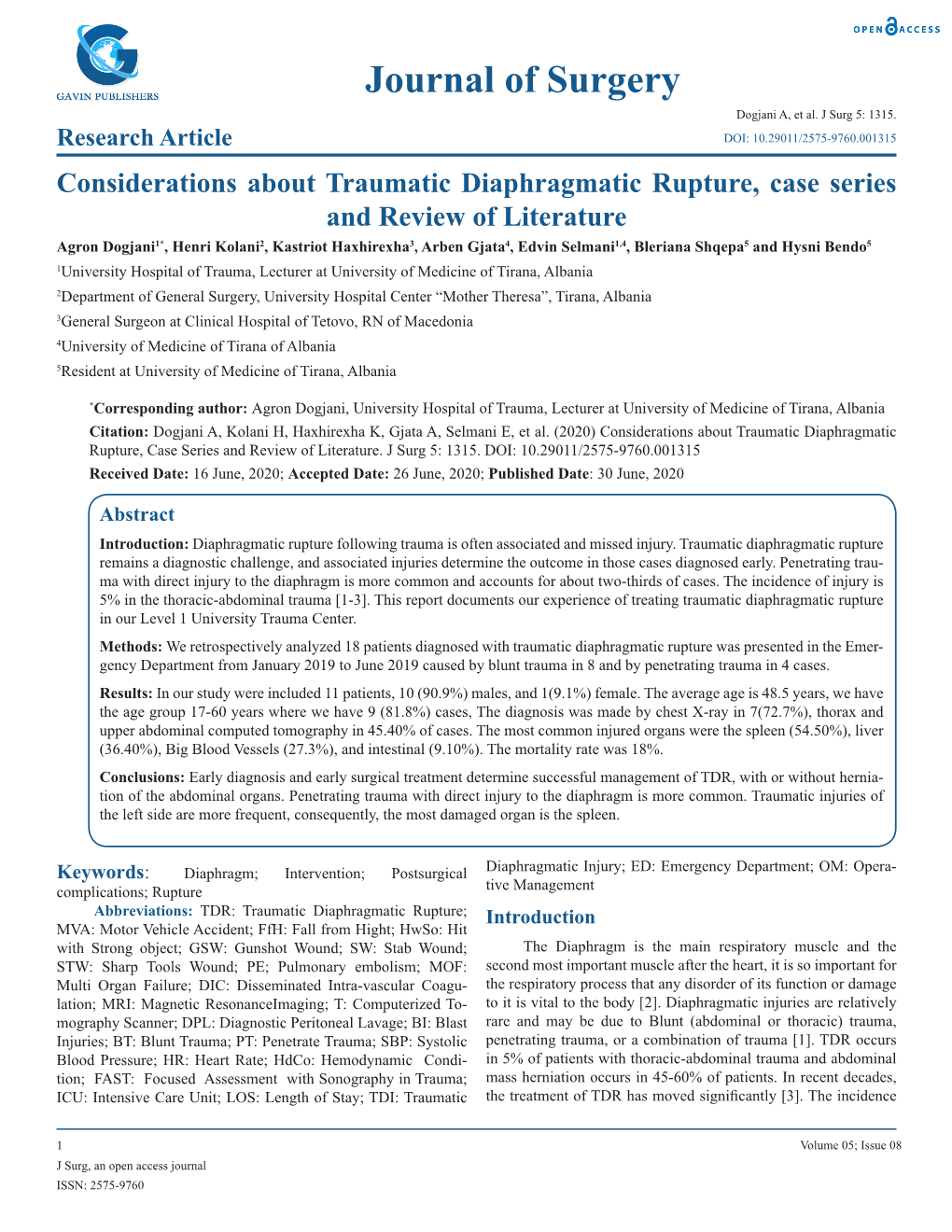 Journal of Surgery Dogjani A, Et Al