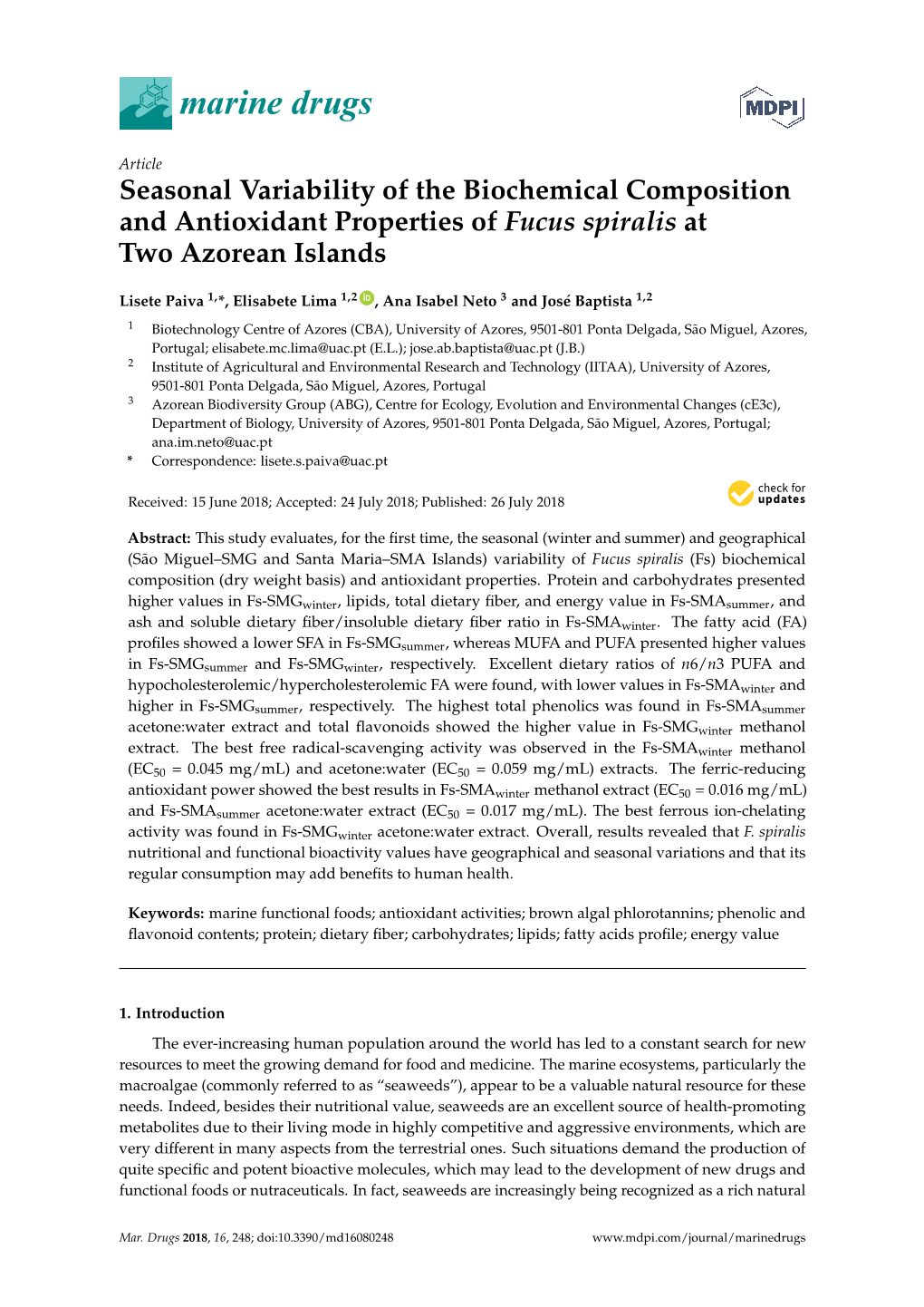 Seasonal Variability of the Biochemical Composition and Antioxidant Properties of Fucus Spiralis at Two Azorean Islands