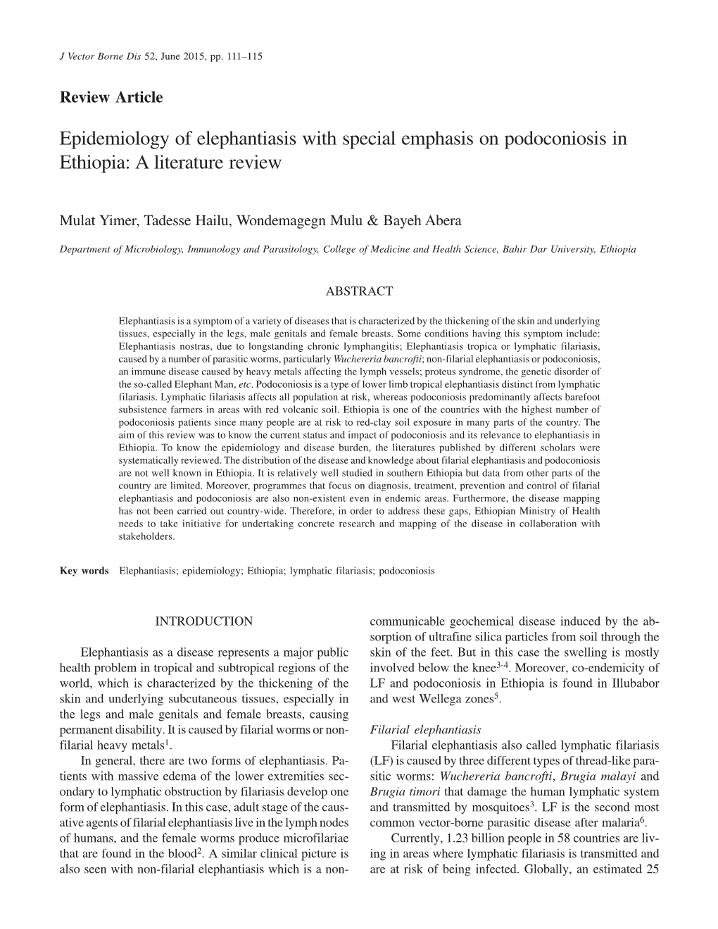 Epidemiology of Elephantiasis with Special Emphasis on Podoconiosis in Ethiopia: a Literature Review