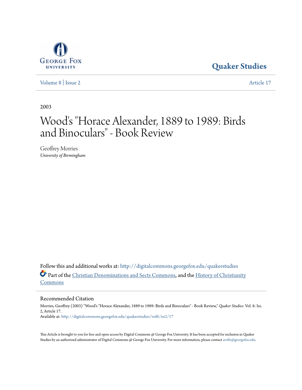 Wood's "Horace Alexander, 1889 to 1989: Birds and Binoculars" - Book Review Geoffrey Morries University of Birmingham