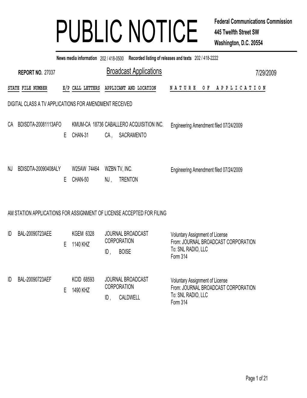 Broadcast Applications 7/29/2009