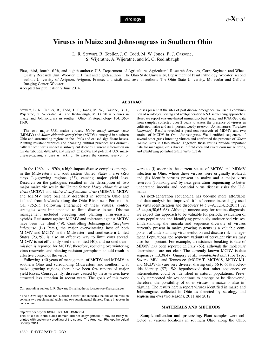 Viruses in Maize and Johnsongrass in Southern Ohio