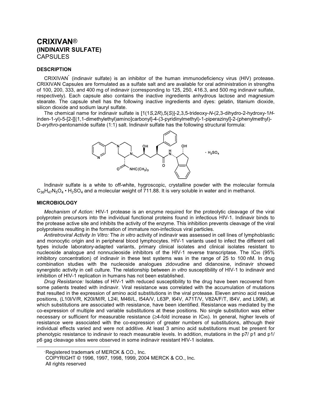 Crixivan® (Indinavir Sulfate) Capsules