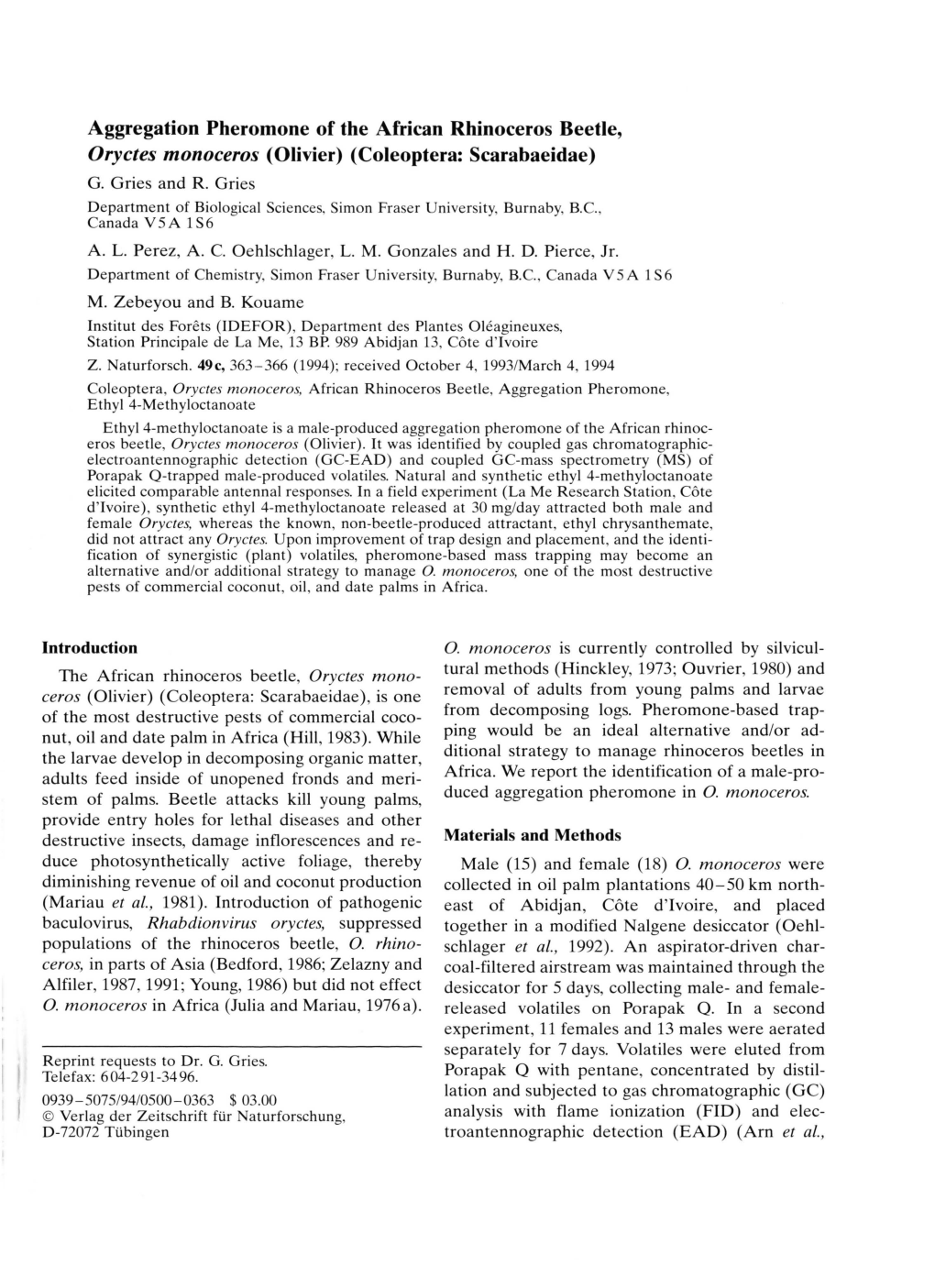 Aggregation Pheromone of the African Rhinoceros Beetle, Oryctes Monoceros (Olivier) (Coleoptera: Scarabaeidae) G