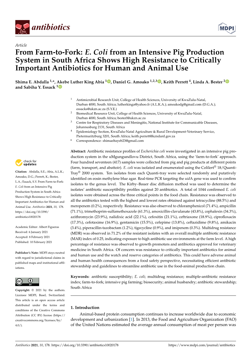 E. Coli from an Intensive Pig Production System in South Africa Shows High Resistance to Critically Important Antibiotics for Human and Animal Use