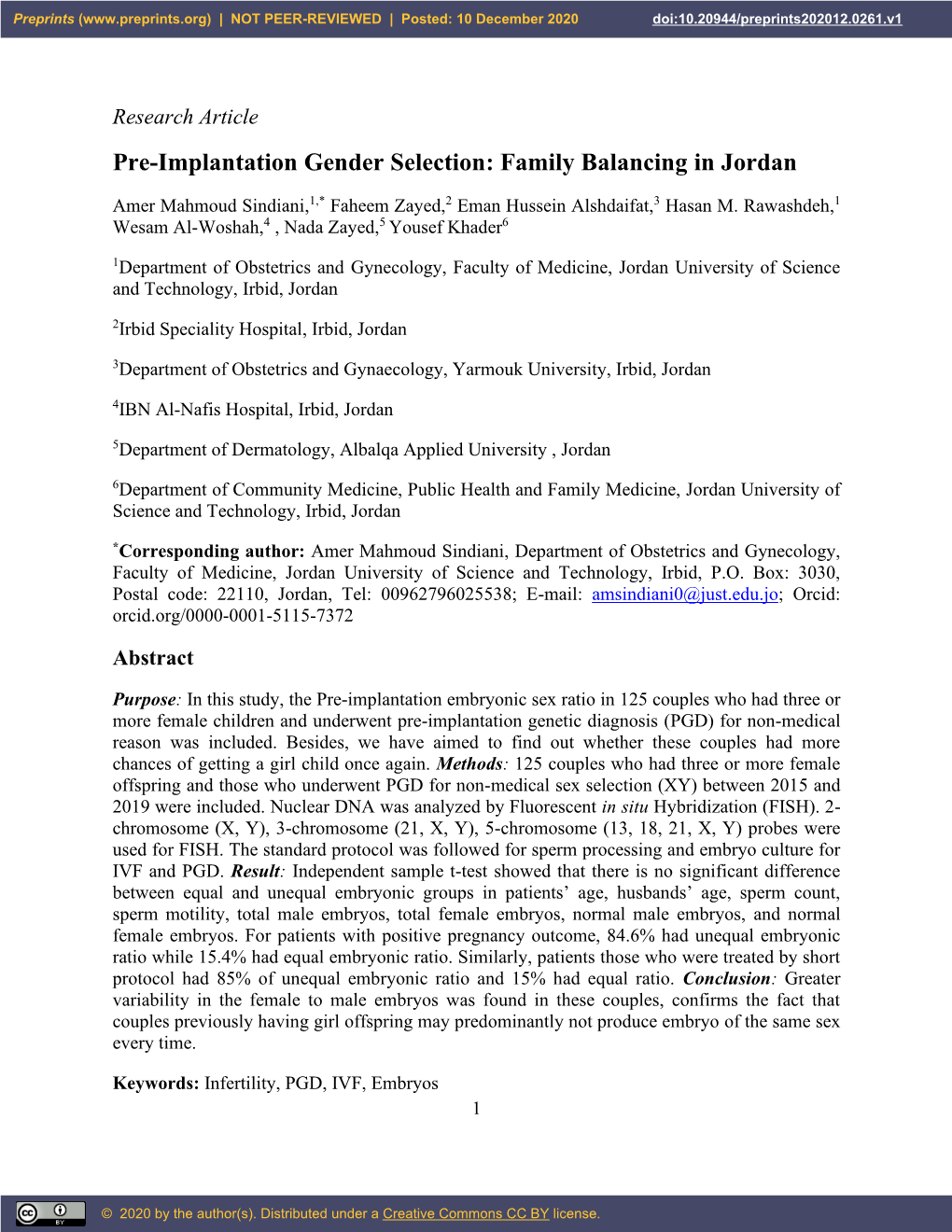 Pre-Implantation Gender Selection: Family Balancing in Jordan