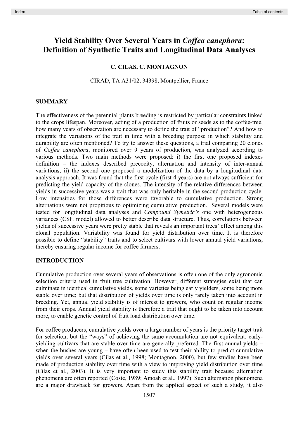 Yield Stability Over Several Years in Coffea Canephora: Definition of Synthetic Traits and Longitudinal Data Analyses