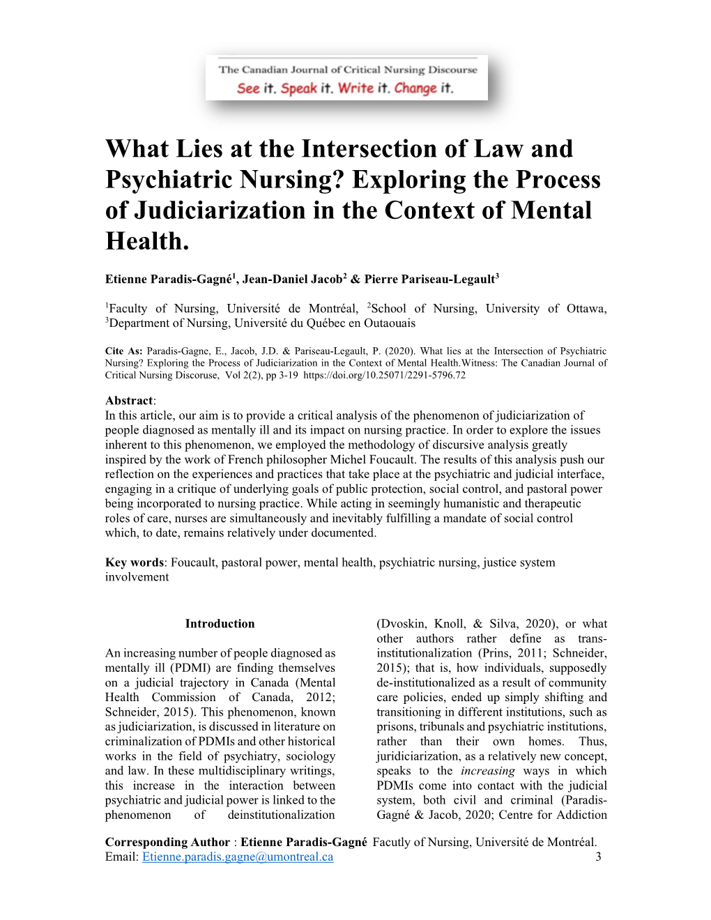 What Lies at the Intersection of Law and Psychiatric Nursing? Exploring the Process of Judiciarization in the Context of Mental Health