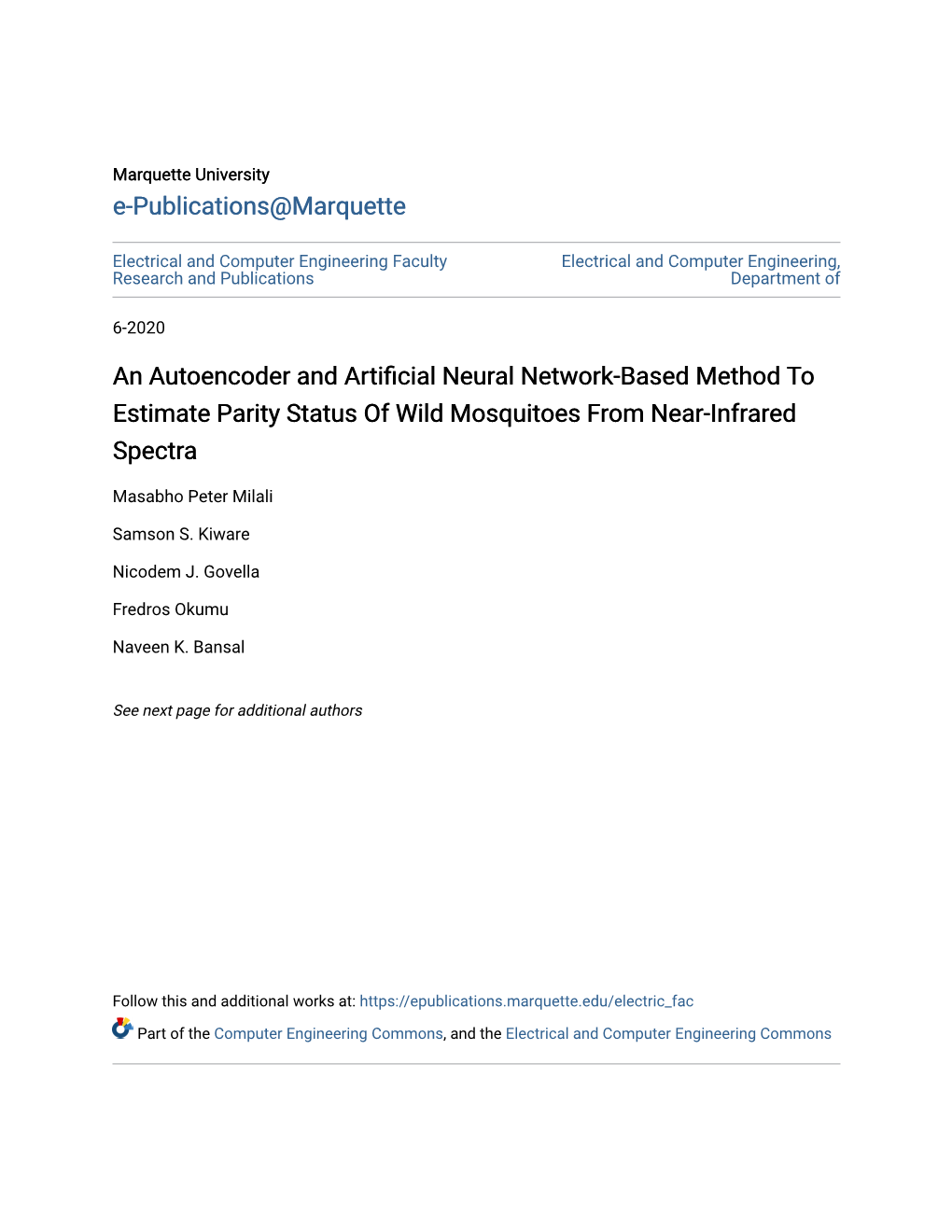 An Autoencoder and Artificial Neural Network-Based Method to Estimate Parity Status of Wild Mosquitoes from Near-Infrared Spectra