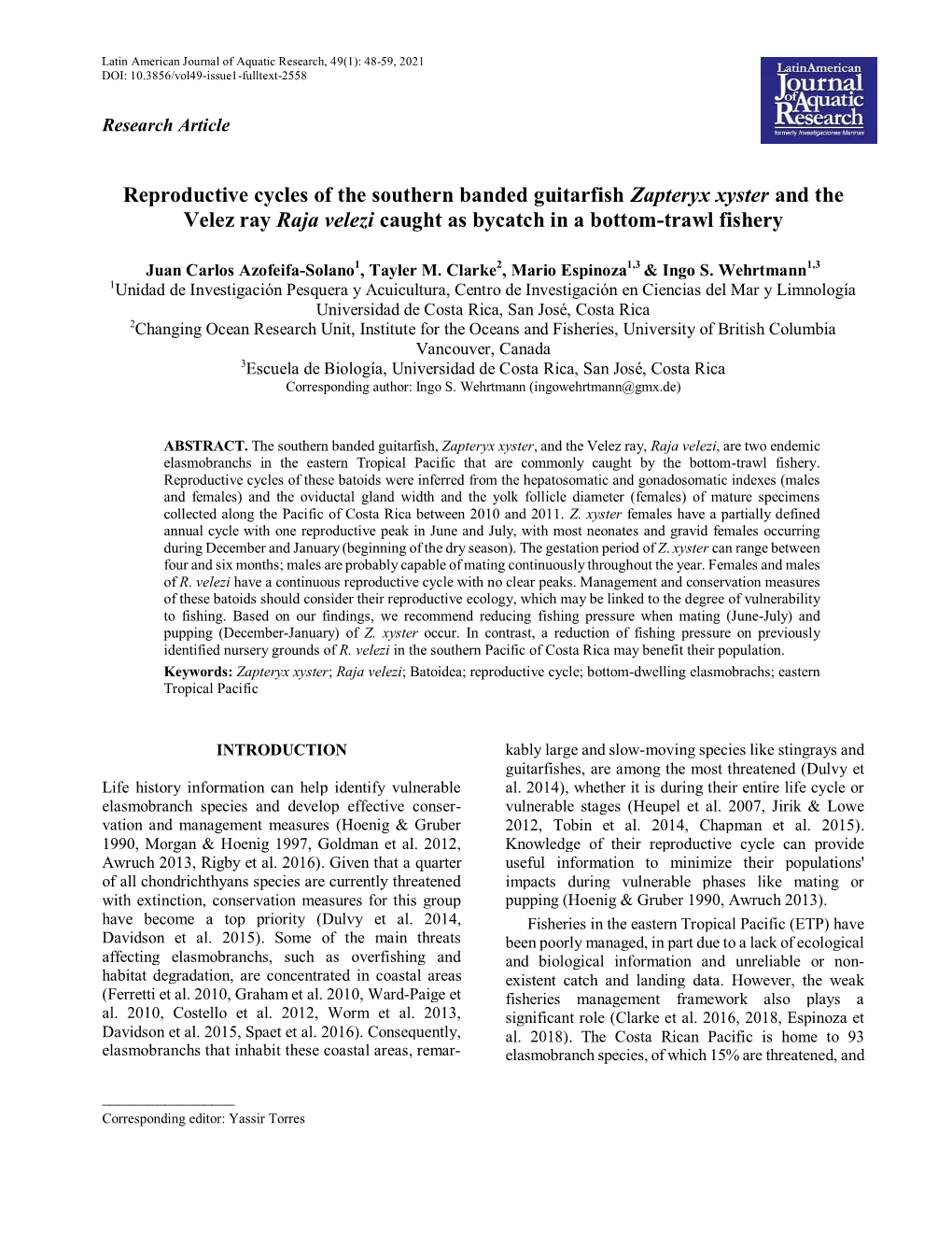 Reproductive Cycles of the Southern Banded Guitarfish Zapteryx Xyster and the Velez Ray Raja Velezi Caught As Bycatch in a Bottom-Trawl Fishery