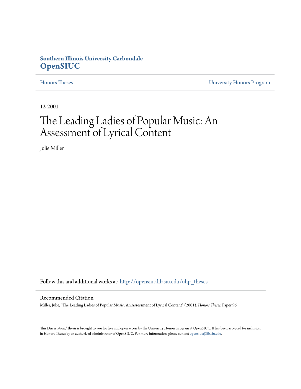 The Leading Ladies of Popular Music: an Assessment of Lyrical Content Julie Miller