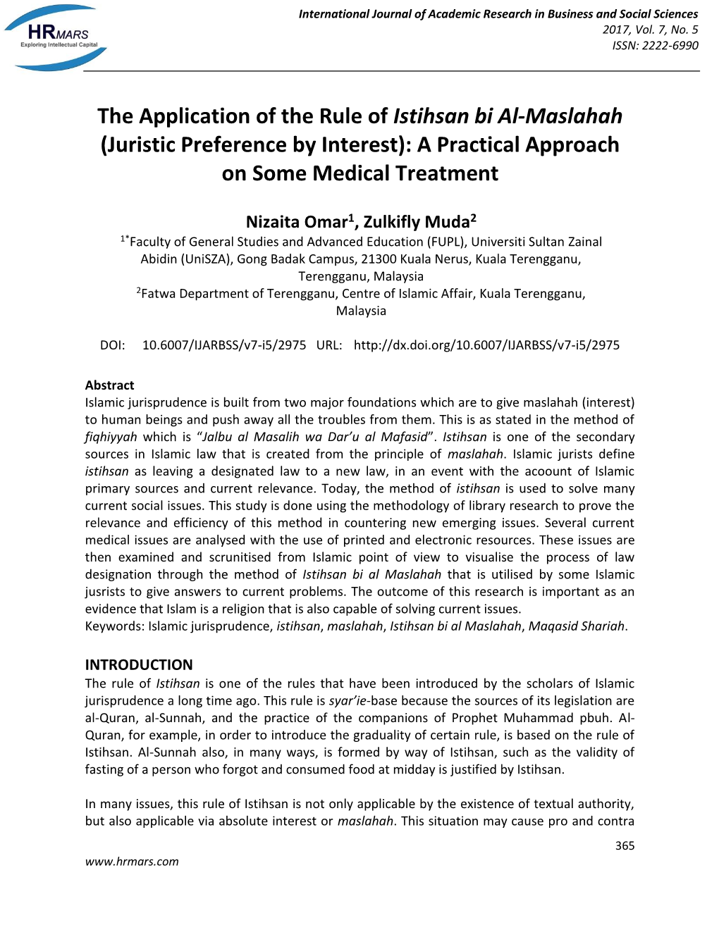 The Application of the Rule of Istihsan Bi Al-Maslahah (Juristic Preference by Interest): a Practical Approach on Some Medical Treatment