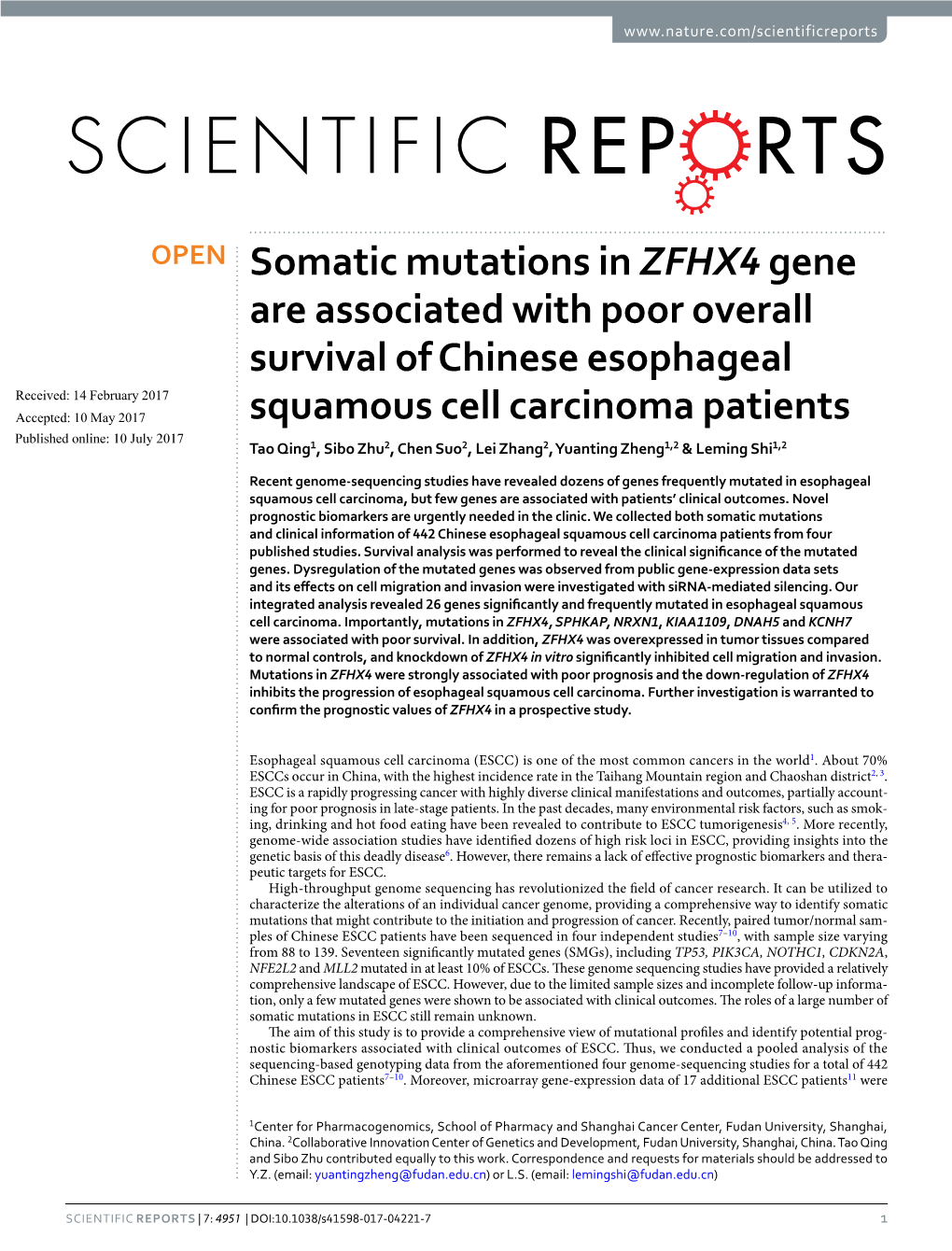 Somatic Mutations in ZFHX4 Gene Are Associated with Poor Overall Survival of Chinese Esophageal Squamous Cell Carcinoma Patients