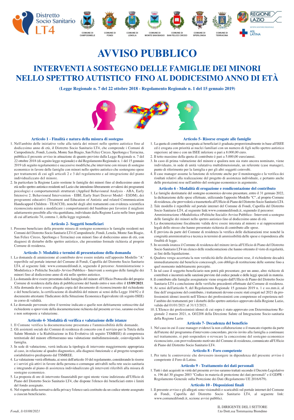 SPETTRO AUTISTICO FINO AL DODICESIMO ANNO DI ETÀ (Legge Regionale N