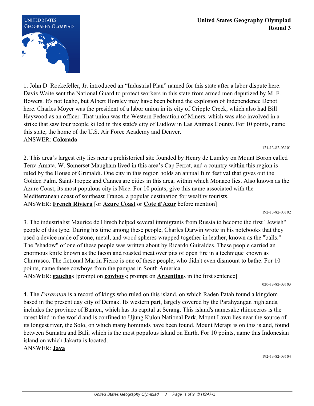 United States Geography Olympiad Round #3