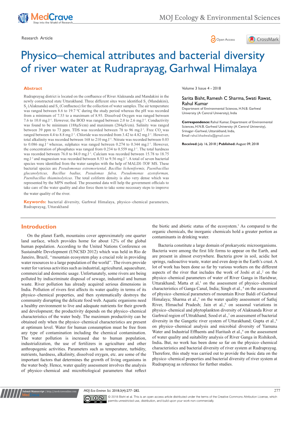 Physico–Chemical Attributes and Bacterial Diversity of River Water at Rudraprayag, Garhwal Himalaya