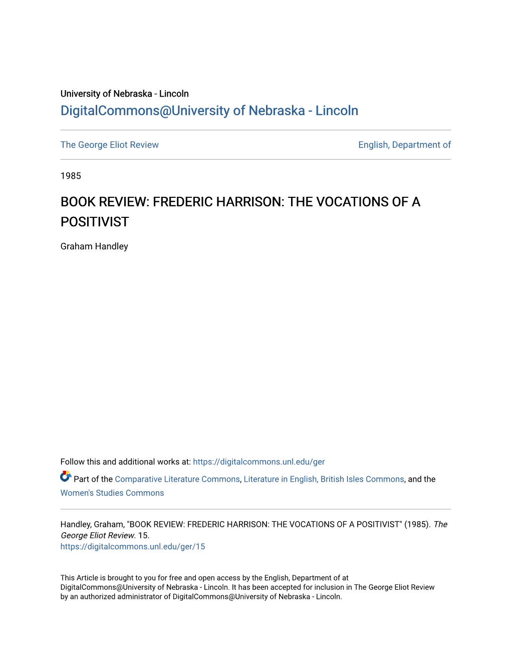 Book Review: Frederic Harrison: the Vocations of a Positivist