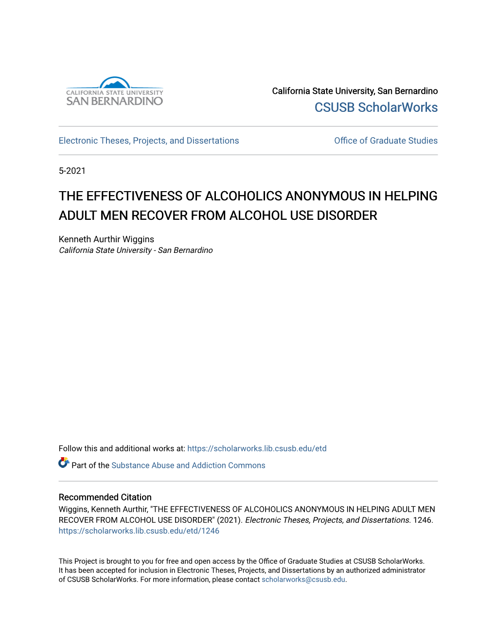 The Effectiveness of Alcoholics Anonymous in Helping Adult Men Recover from Alcohol Use Disorder