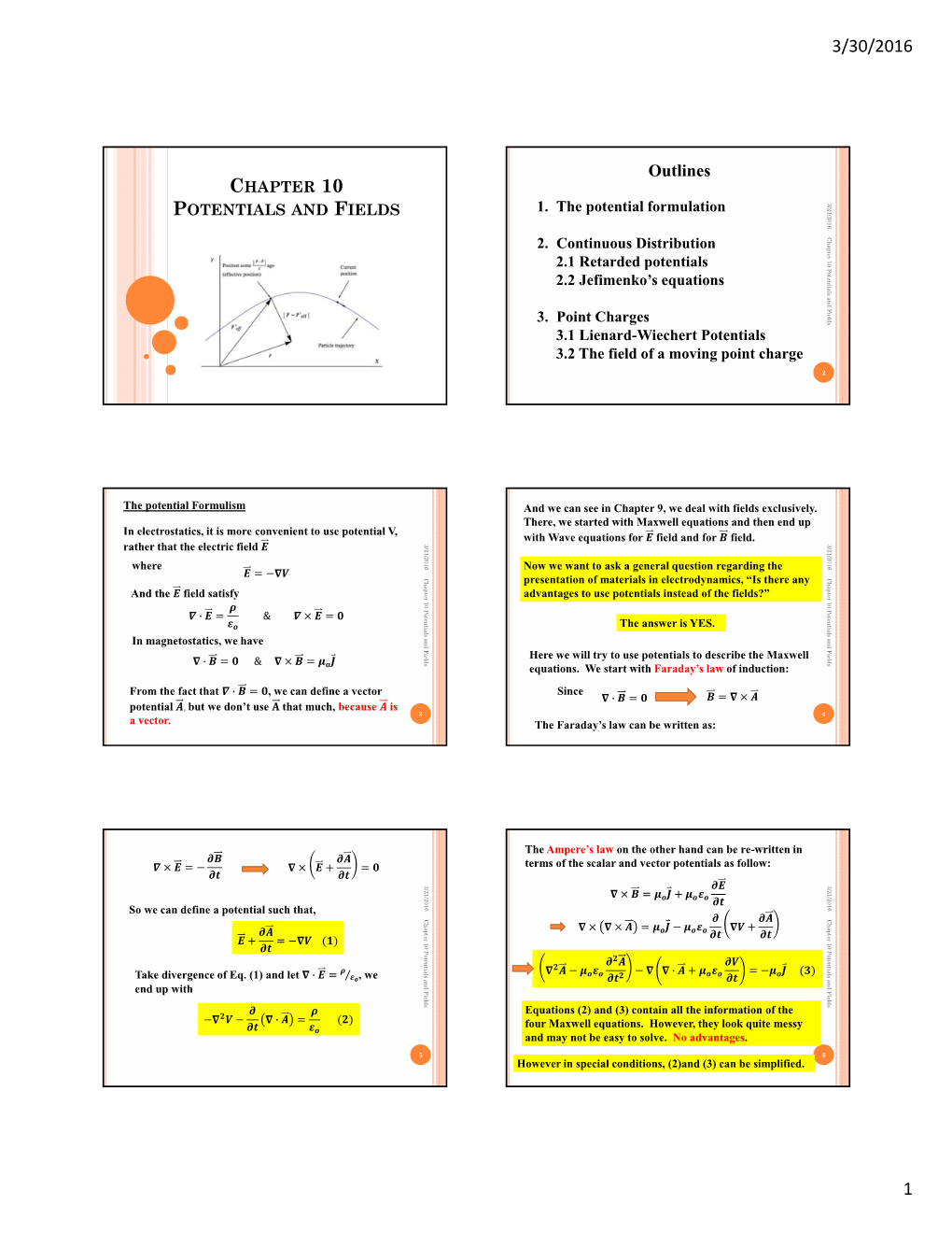 Outlines CHAPTER 10 POTENTIALS and FIELDS 1