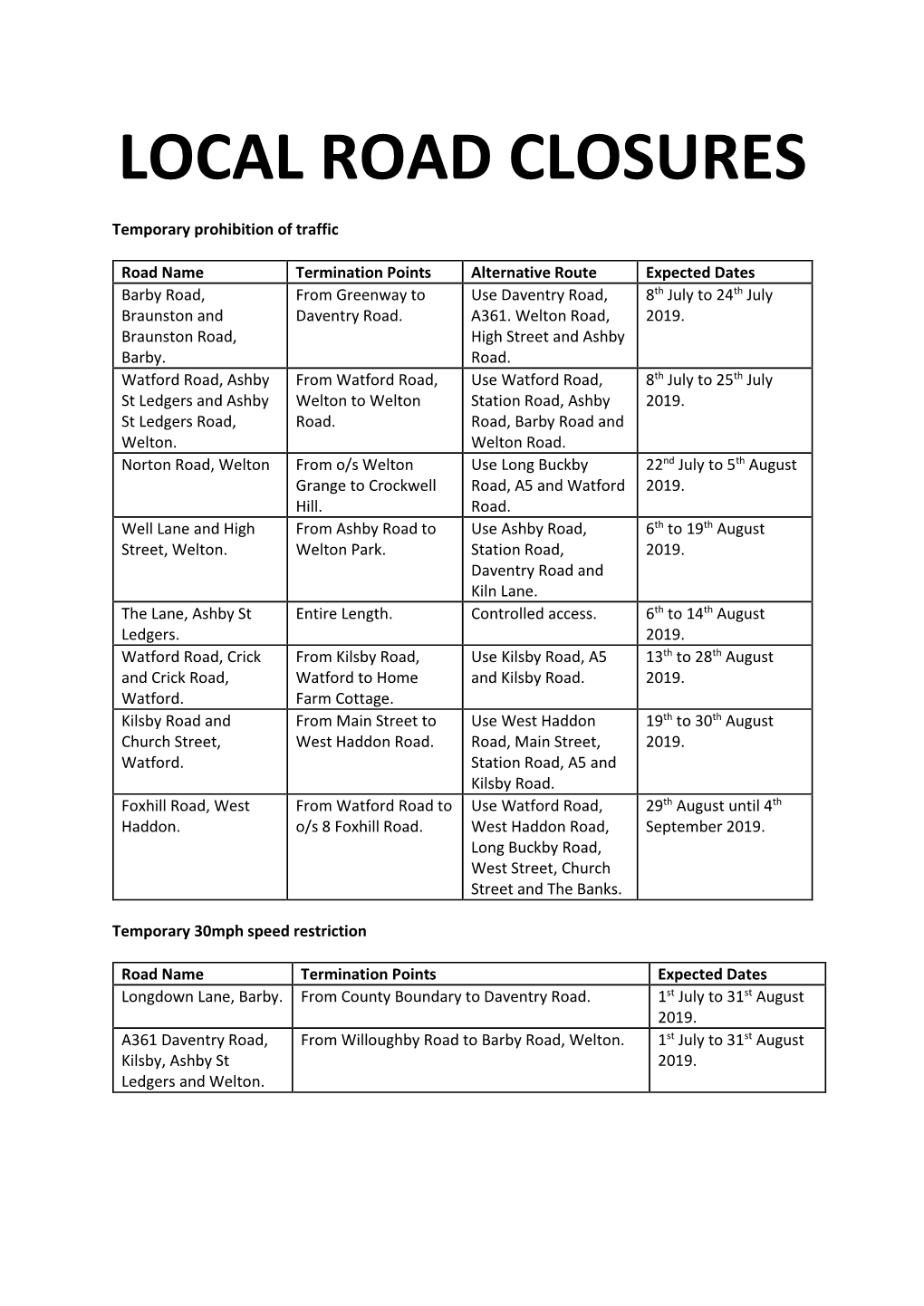 Local Road Closures