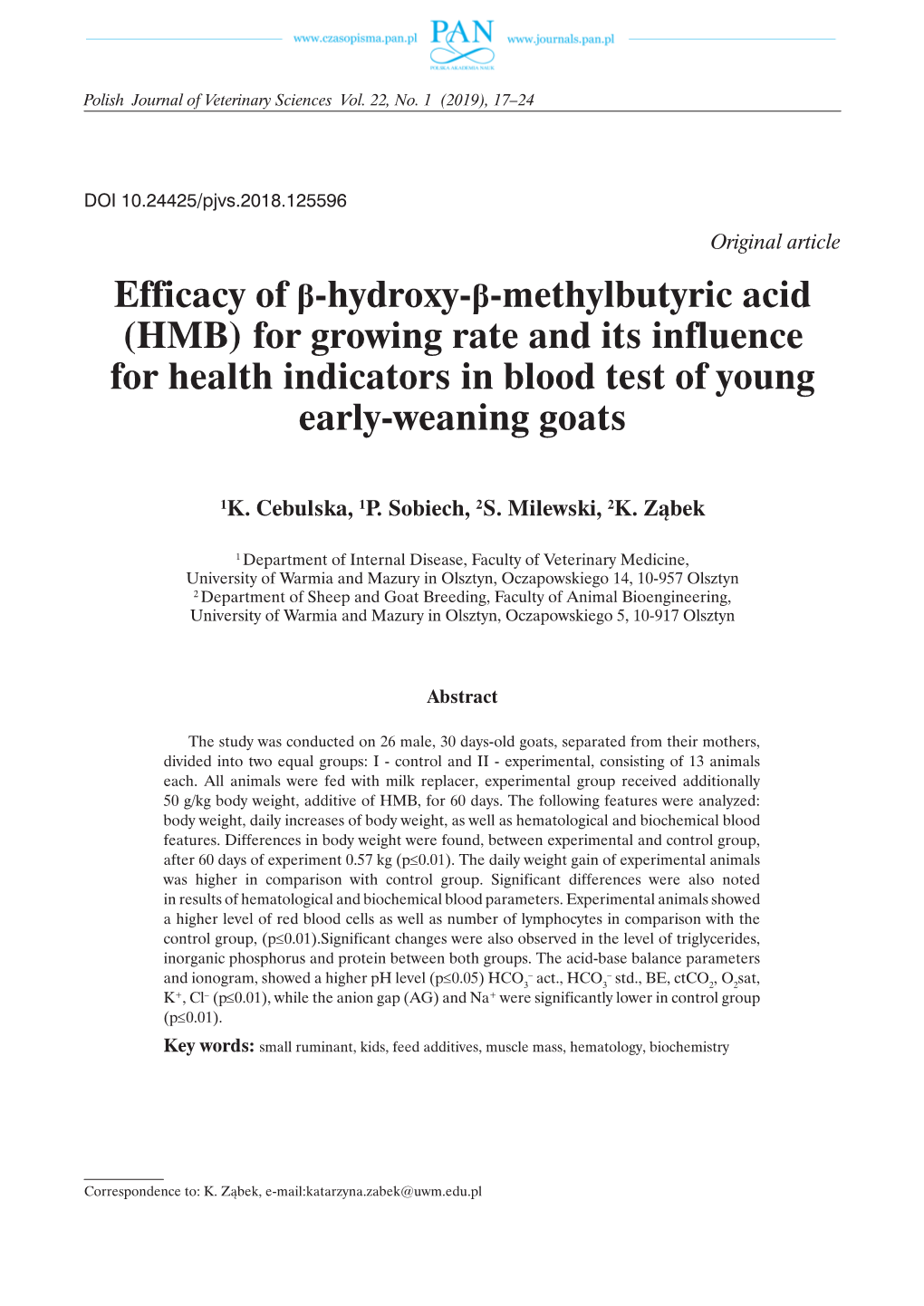 Efficacy of Β-Hydroxy-Β-Methylbutyric Acid (HMB) for Growing Rate and Its Influence for Health Indicators in Blood Test of Young Early-Weaning Goats