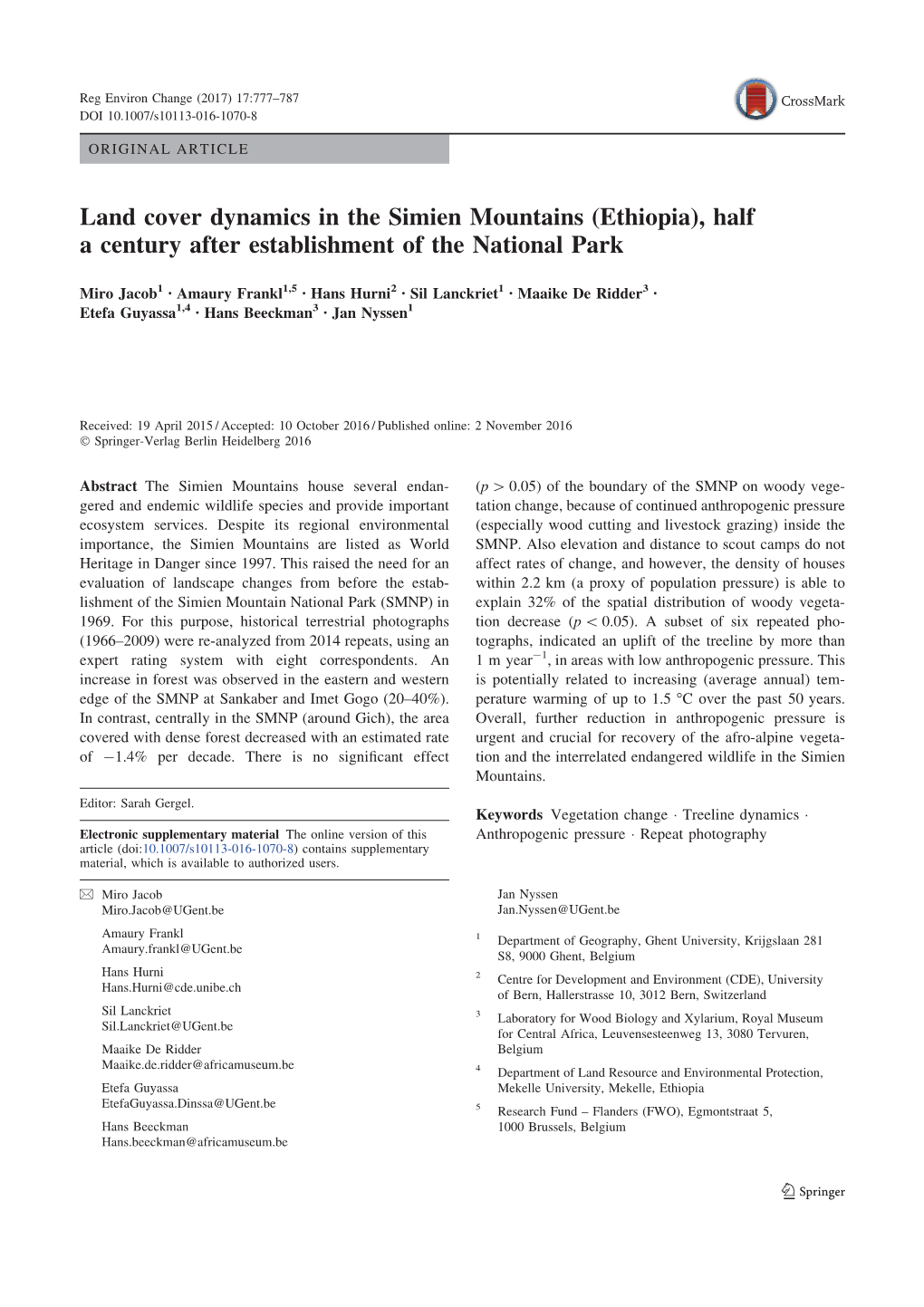 Land Cover Dynamics in the Simien Mountains (Ethiopia), Half a Century After Establishment of the National Park