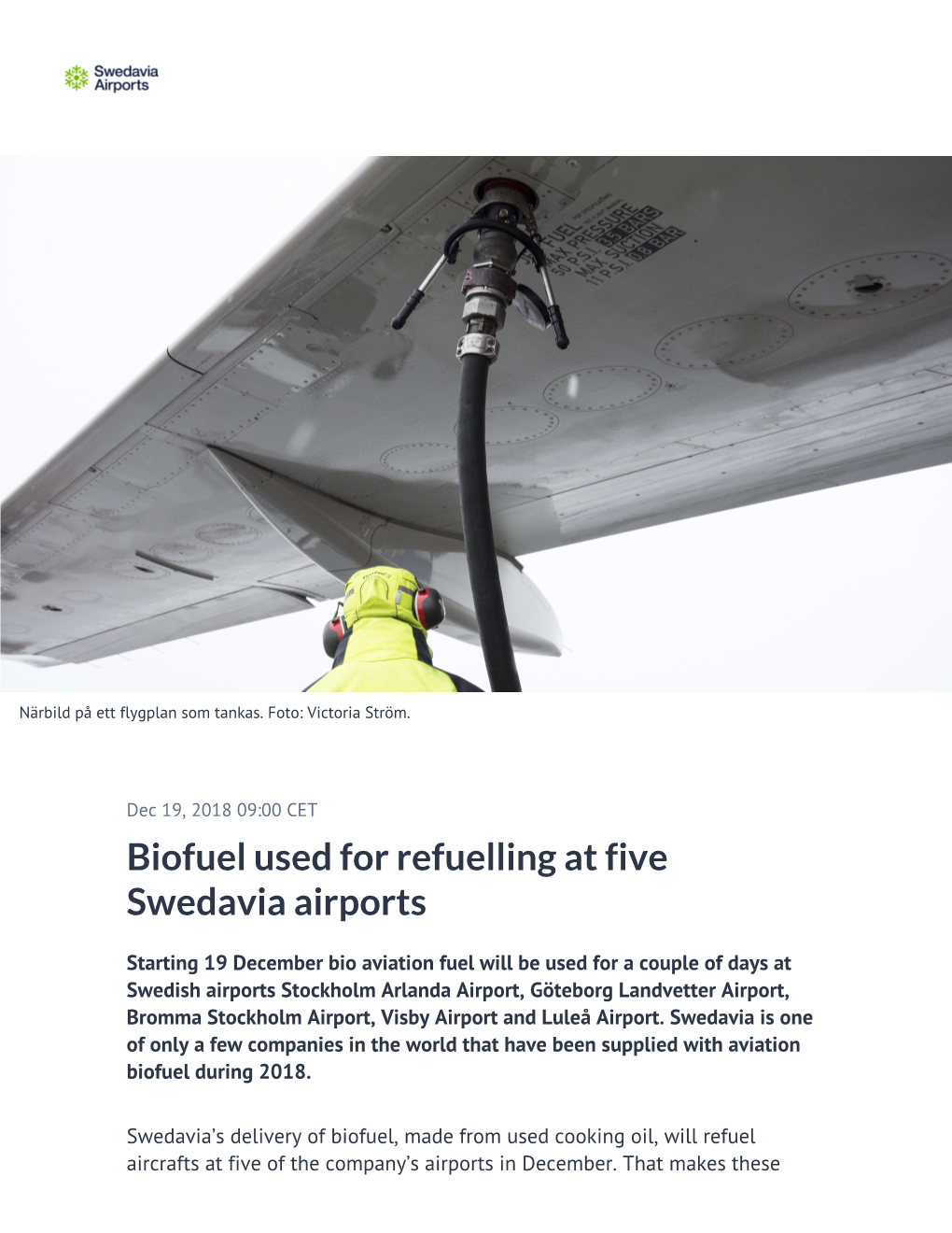 Biofuel Used for Refuelling at Five Swedavia Airports
