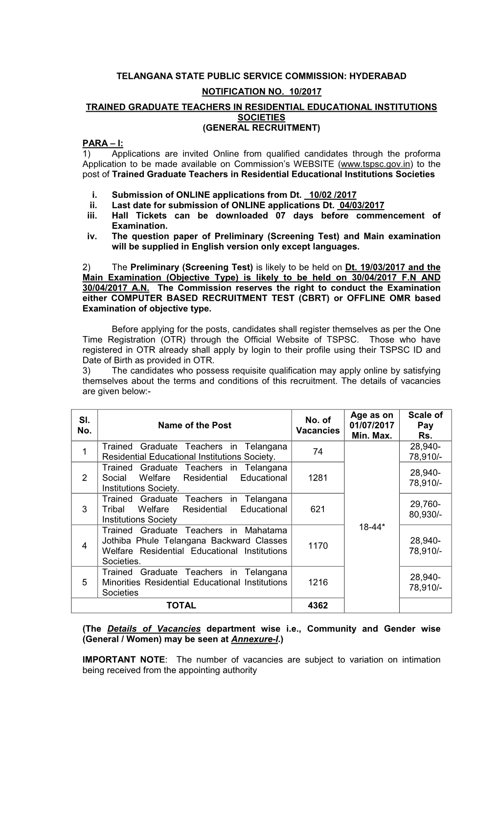 Telangana State Public Service Commission: Hyderabad Notification No
