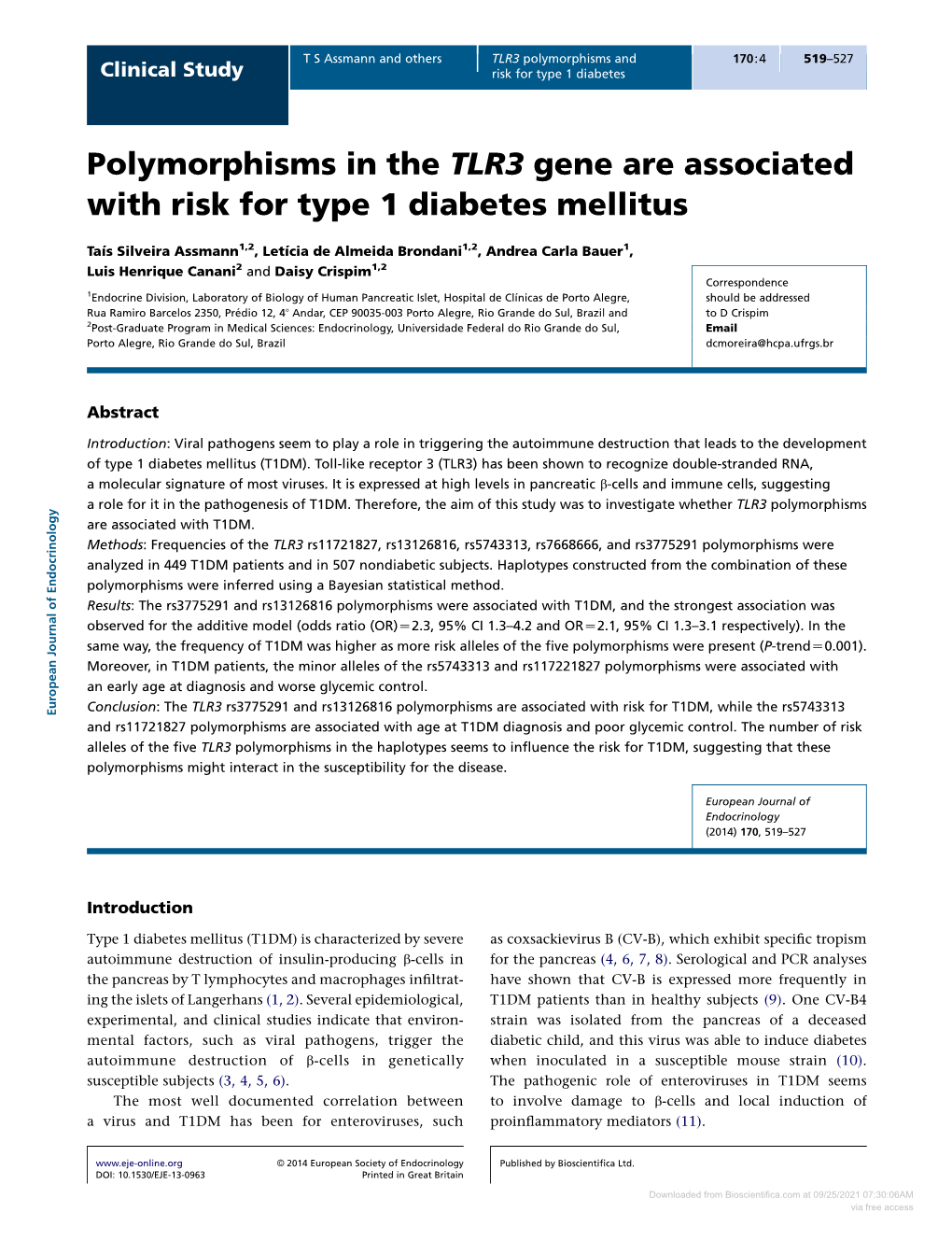Polymorphisms in the TLR3 Gene Are Associated with Risk for Type 1 Diabetes Mellitus