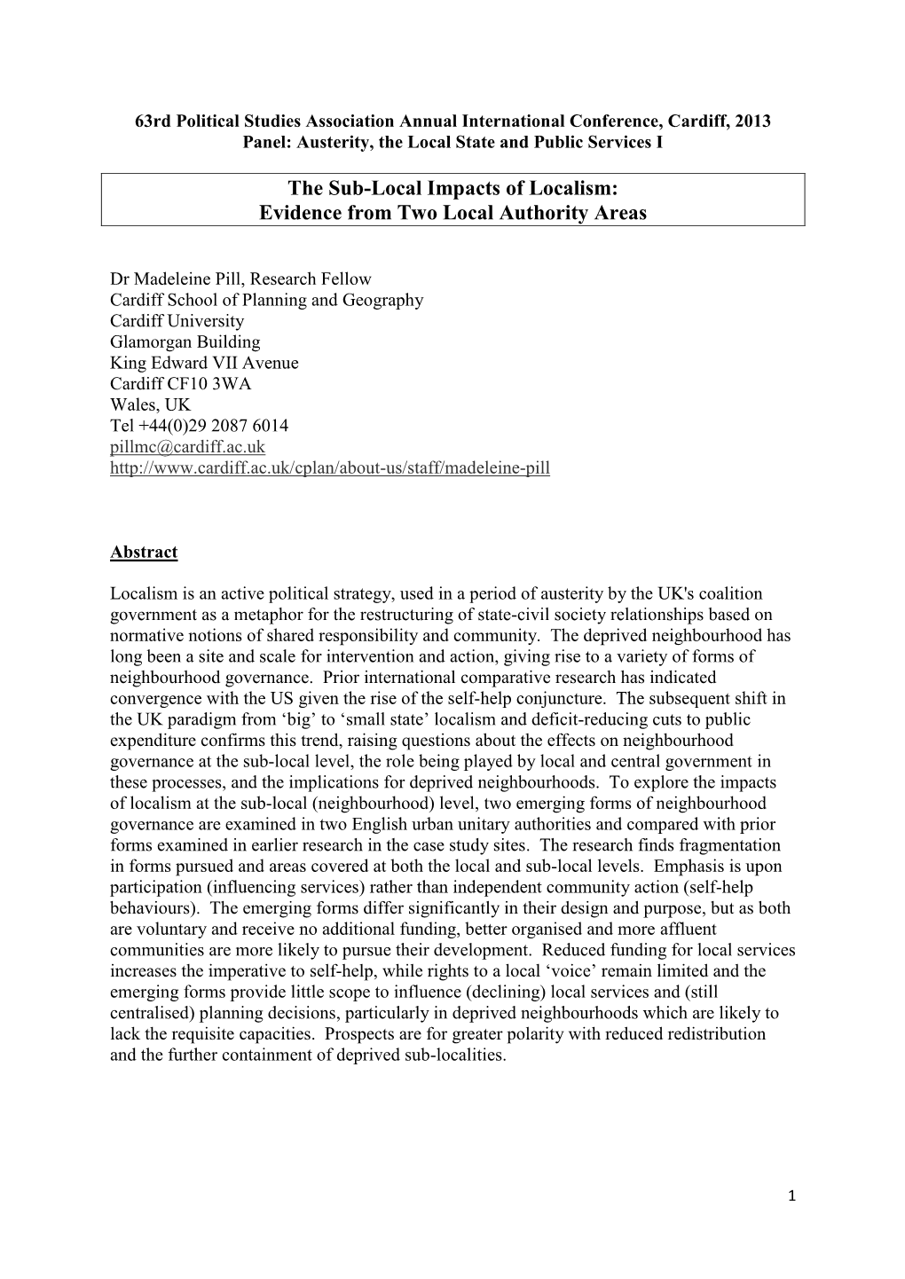 The Sub-Local Impacts of Localism: Evidence from Two Local Authority Areas