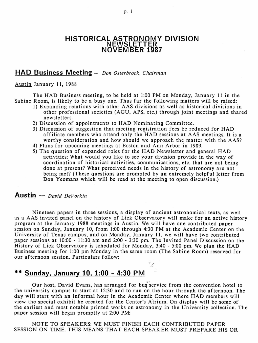 Historical Astronomy Division Newsletter November 1987