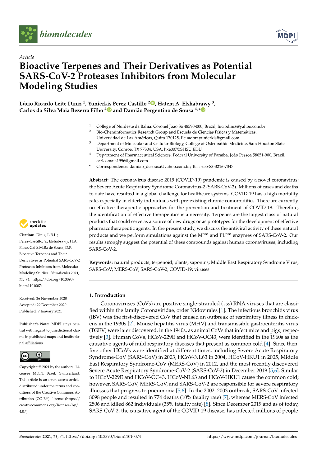 Bioactive Terpenes and Their Derivatives As Potential SARS-Cov-2 Proteases Inhibitors from Molecular Modeling Studies
