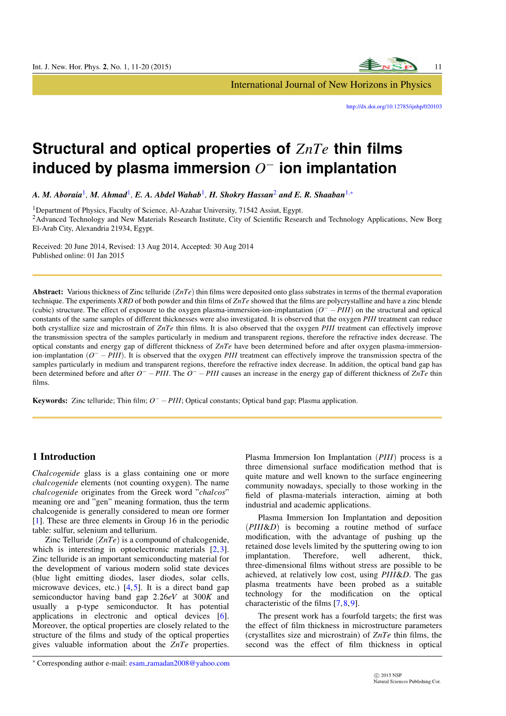 Structural and Optical Properties of Znte Thin Films Induced by Plasma