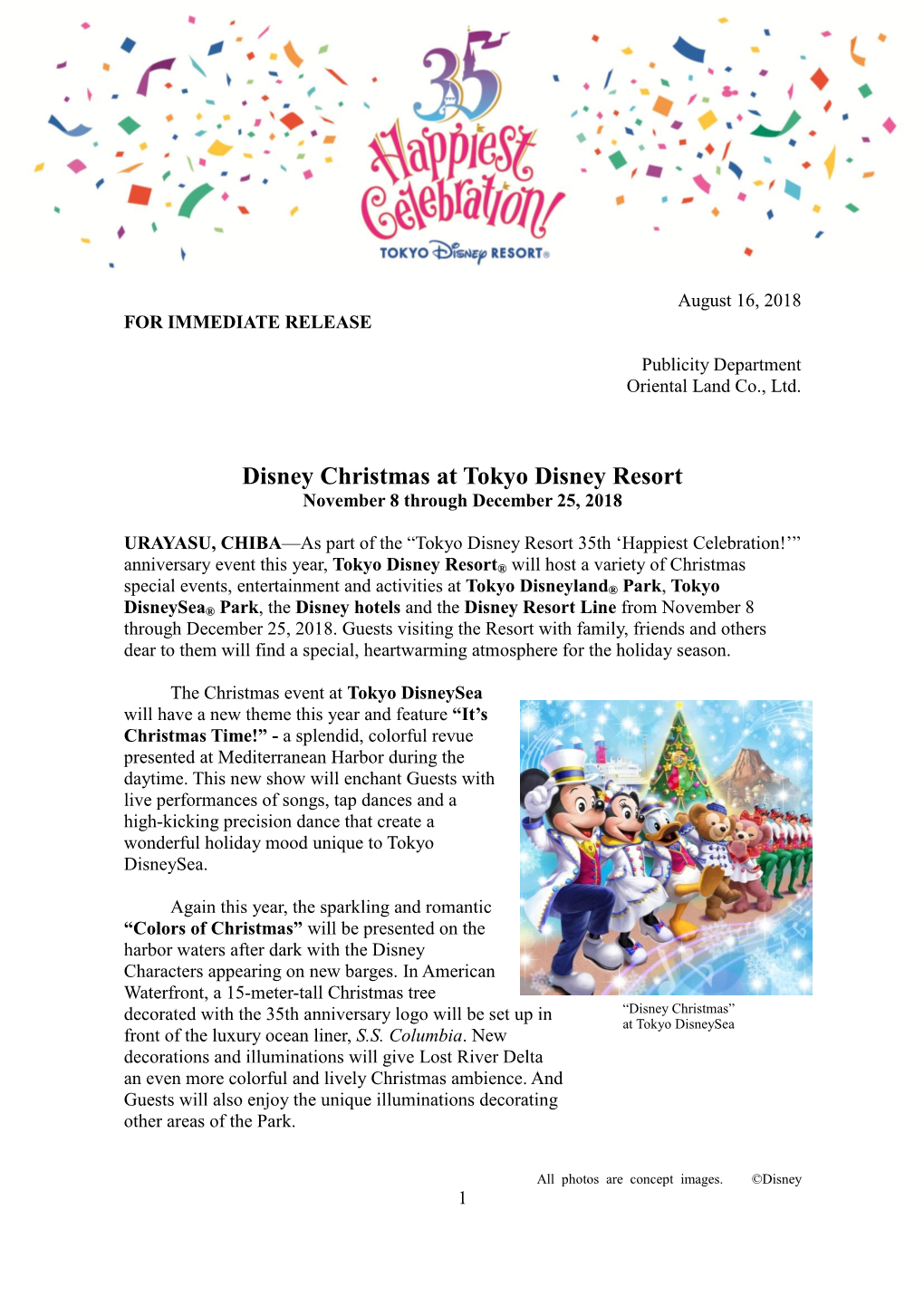 Disney Christmas at Tokyo Disney Resort November 8 Through December 25, 2018